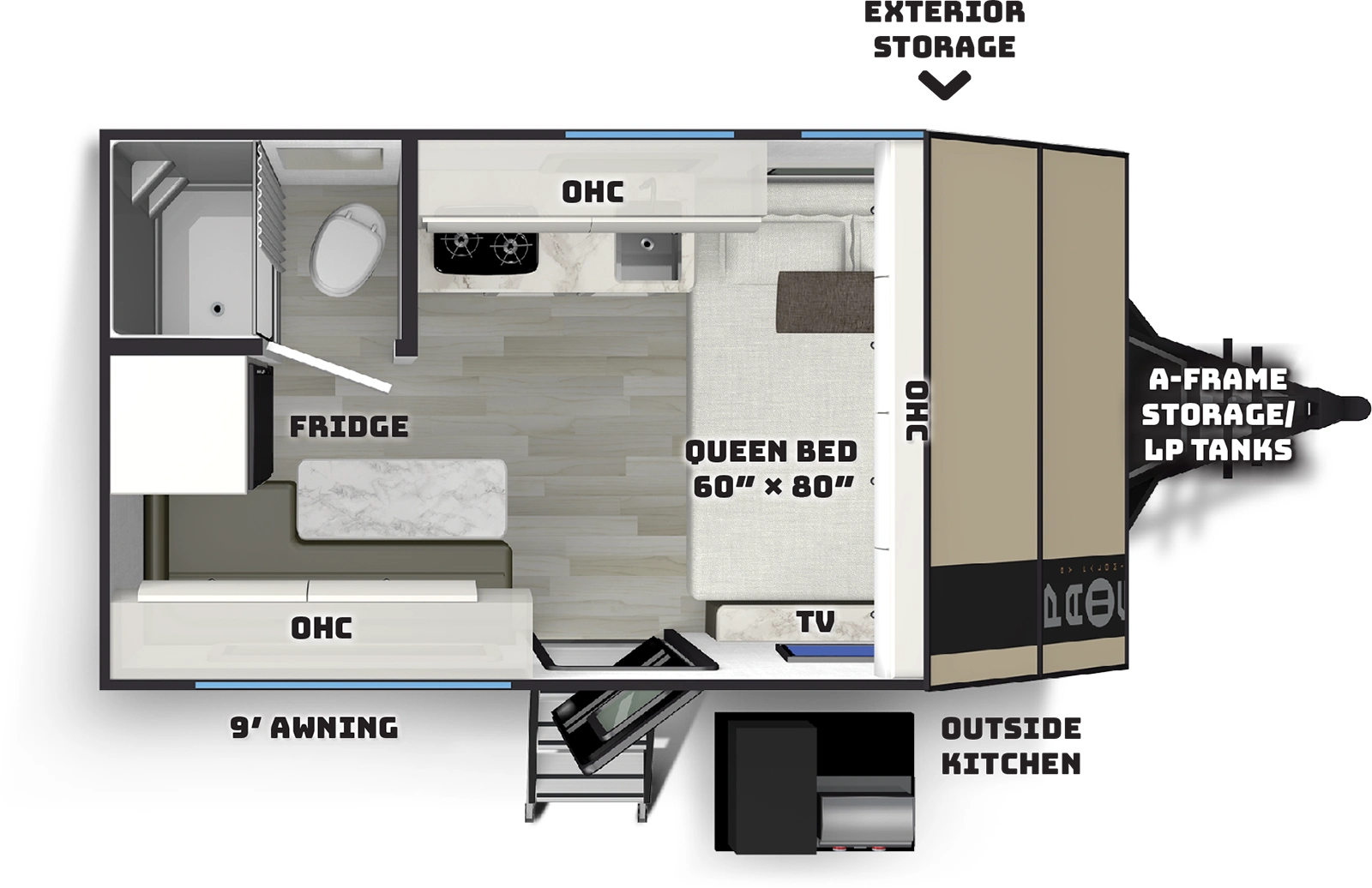 The Pause 14.3 floorplan has one entry and zero slide outs. Exterior features include: fiberglass exterior, 9' awning and outside kitchen. Interiors features include: front bedroom.